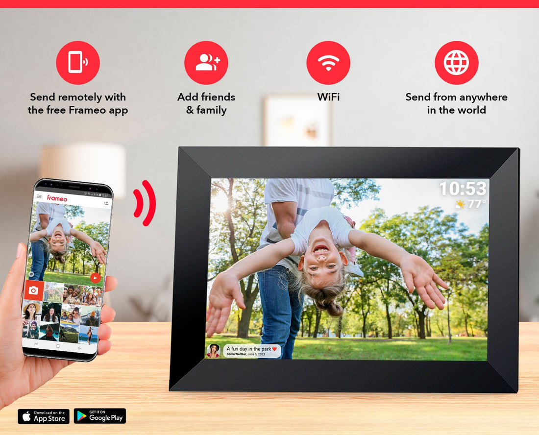 Send photos remotely to the frame with the free Frameo app
