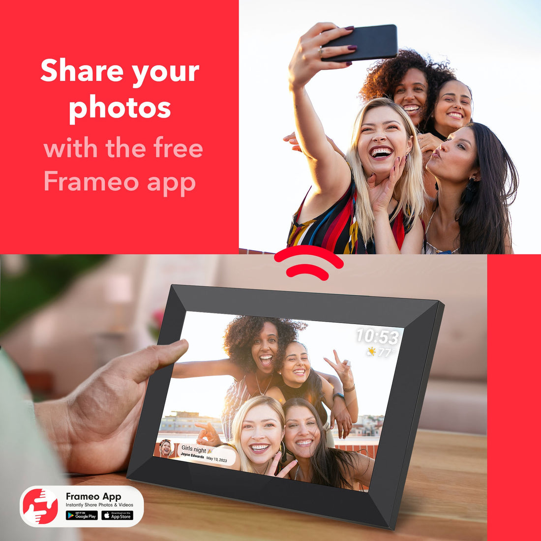 Family sharing photos through the Frameo app