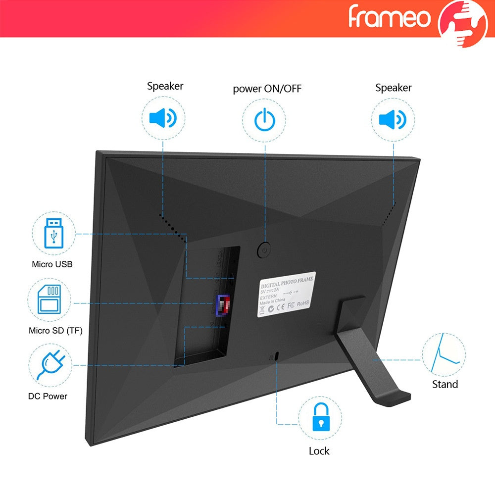 Back panel with speakers, Micro USB, Micro SD slot, DC power and stand
