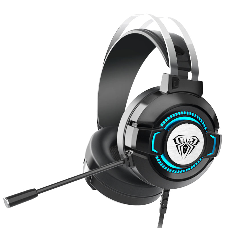 Side profile of S602 gaming headset with boom microphone and blue LED accents