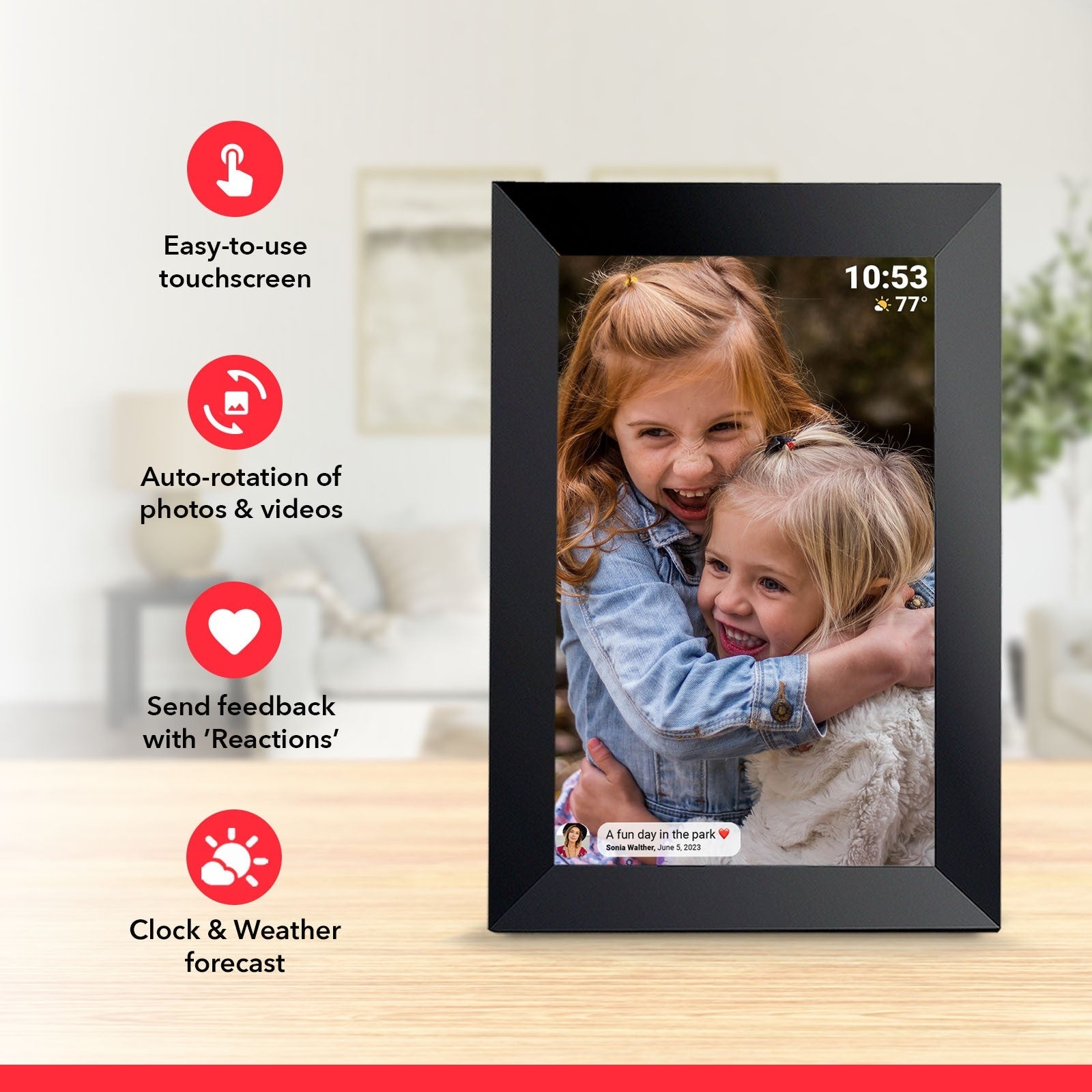 10.1-inch WiFi digital photo frame with Frameo app, touchscreen and auto-rotation